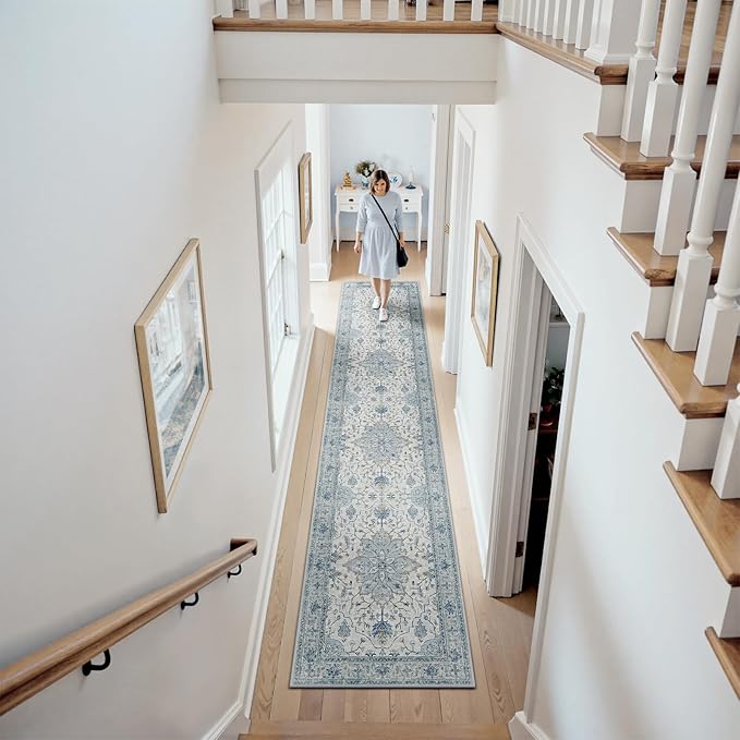 RELEANY Area Rugs 3'x10' Runner Rug Non Slip Washable for Kitchen Hallway Bedroom Beside Laundry Room Bathroom Rug, Floor Carpet, Light Blue Navy Beige Gray White