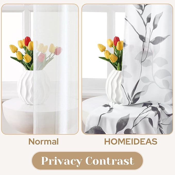 HOMEIDEAS Non-See-Through Light Grey and White Privacy Sheer Curtains 52 X 96 Inches Long 2 Panels, Leaf Floral Printed Light Filtering Semi Sheer Window Curtains Drapes for Bedroom Living Room