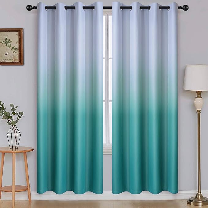 SimpleHome Ombre Room Darkening Curtains for Bedroom, Gradient Grey White to Teal Light Blocking Thermal Insulated Grommet Window Curtains/Drapes for Living Room,2 Panels, 52x72 inches Length
