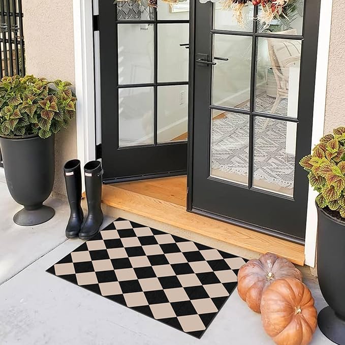 Front Door Mat Outside Entrance - 2x3 Black Tan Non-Slip Washable Doormat Indoor Outdoor Mat Entry Rug Geometric Diamond Small Throw Rugs for Entryway Kitchen Front Porch Decor