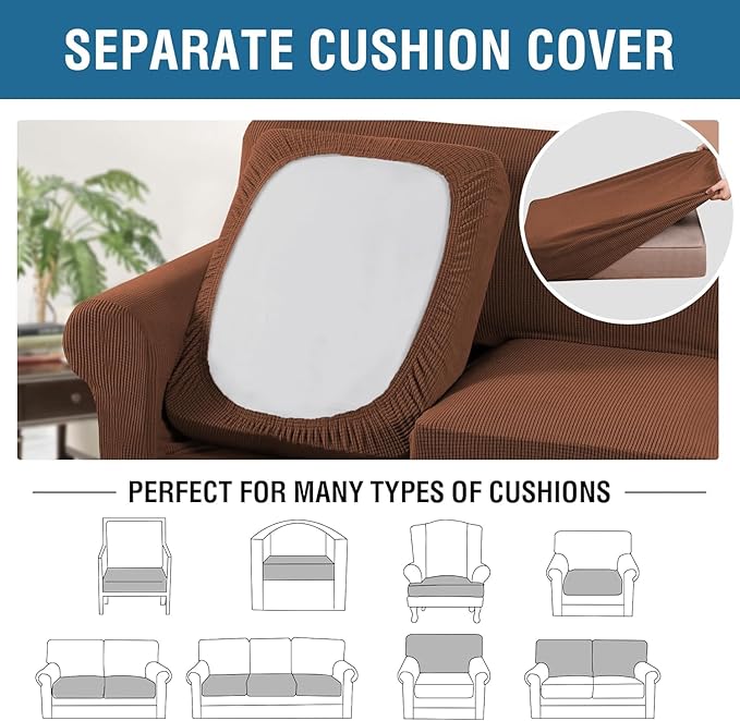 H.VERSAILTEX 4 Piece Stretch Sofa Covers for 3 Cushion Couch Covers for Living Room Furniture Slipcovers (Base Cover Plus 3 Seat Cushion Covers) Thicker Jacquard Fabric (Large Sofa, Caramel)