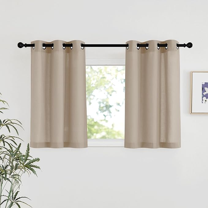 NICETOWN Taupe Linen Kitchen Window Curtains Over Sink, Grommet Thick Linen Taupe Short Window Treatments Privacy Assured with Light Filtering for Bedroom/Bathroom, W34 x L36, 2 Panels