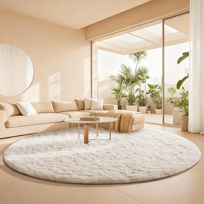 Ophanie Round Rugs 8Ft Ivory Circle Area Rug, Aesthetic Room Decor, Fluffy Fuzzy Bedroom Carpet, Plush Soft Shaggy Cream Living Room Rugs for Kids Home Decor, Nursery