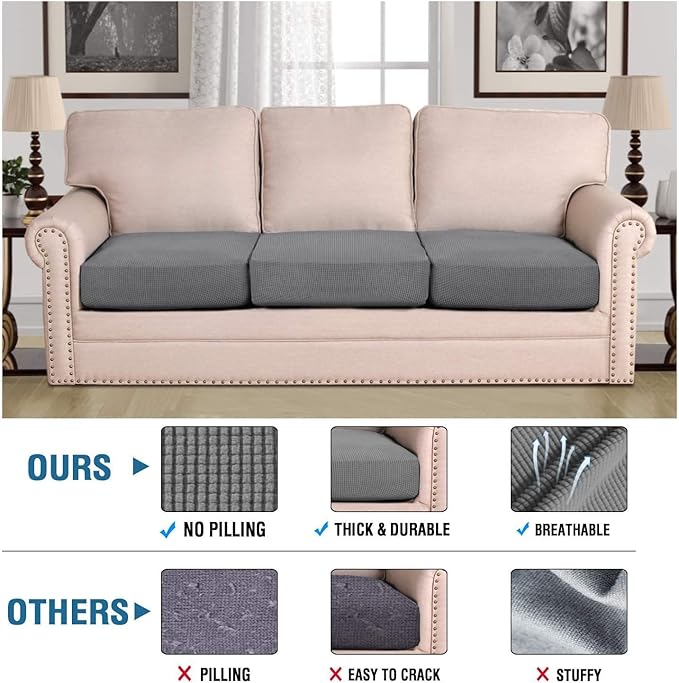 H.VERSAILTEX Super Stretch Individual Seat Cushion Covers Sofa Covers Couch Cushion Cover Slipcover Sets Thick Jacquard Textured Twill Fabric (3 Piece Sofa Cushion Covers, Grey) (Pack of 2)