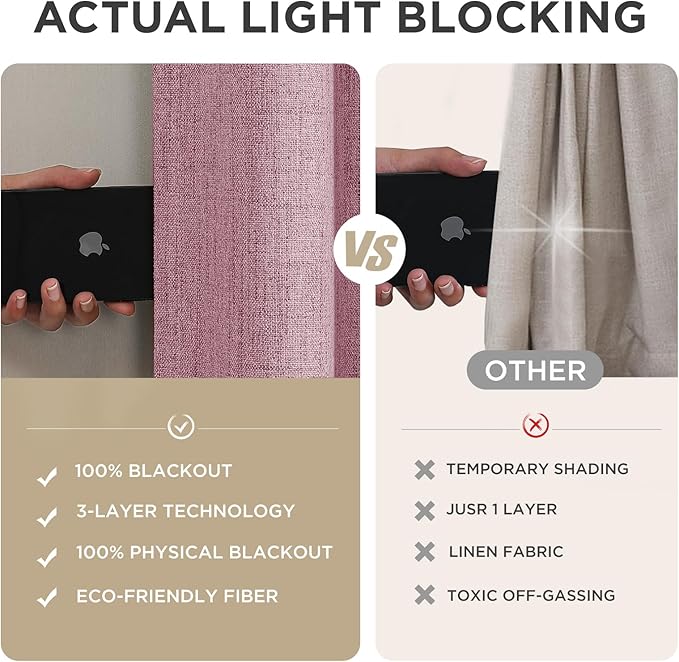 Joydeco Blackout Curtains for Bedroom - 100% Light Blocking 2 Panels Set Pink Drapes 42" W x 108" L, Thermal Insulated Room Darkening Curtains, Linen Textured for Living Room, Rod Pocket & Back Tabs
