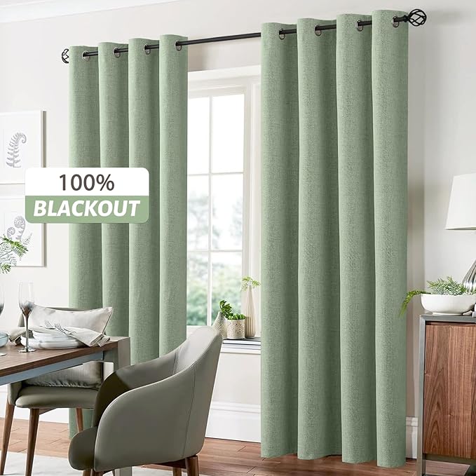 Yakamok Light Sage Green Linen Curtains 100% Blackout 96 Inches Long,Room Darkening Textured Curtains for Living Room Thermal Grommet Bedroom Curtains 2 Panels with White Liner