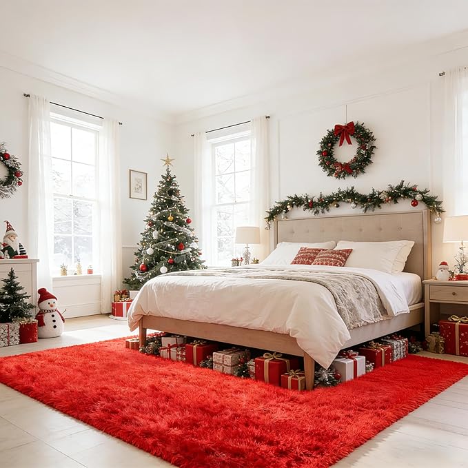 Red Shag Area Rugs for Bedroom Living Room,Ultra Soft Fluffy Christmas Area Rugs 5X8 for Dorm, Indoor Carpet Nursery Rugs for Kids Girls Room Home Decor