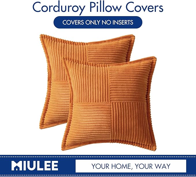 MIULEE Burnt Orange Decorative Throw Pillow Covers for Couch Bed Livingroom 18x18 Inch Set of 2 Boho Accent Throw Pllows Broadside Striped Patchwork Soft Corduroy Pillowcases