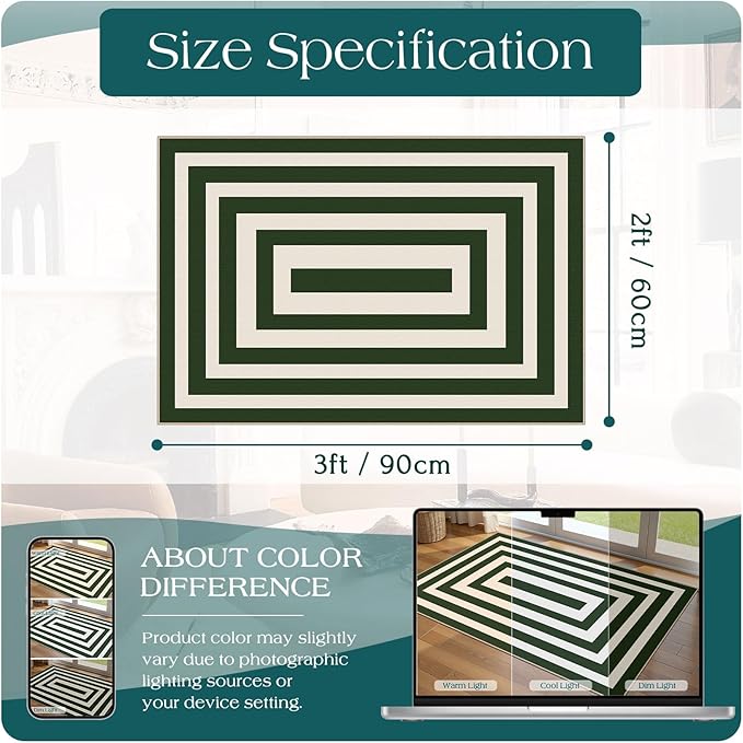 Front Door Mat Outside Entrance - 2x3 Green White Non-Slip Washable Doormat Indoor Outdoor Entrance Geometric Bordered Rug Small Throw Rugs for Entryway Bedroom Kitchen Front Porch Decor
