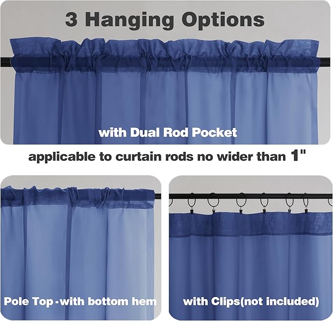 Chyhomenyc Royal Blue Sheer Valances for Windows - Light Filtering Small Kitchen Curtains, Rod Pocket Short Top Window Treatment Decor for Living Room Bathroom Basement, 42Wx16L inches, 2 Panels