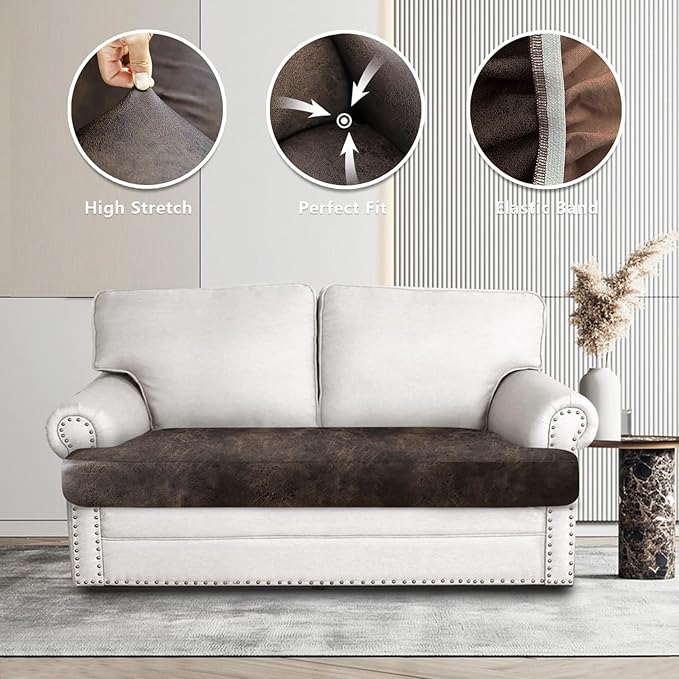 Leather Look Couch Cushion Covers Sofa Seat Slipcovers Sets Couches Furniture Protector for Sectional Armchair Loveseat Pets Kids Stretch Spandex Fabric (1 T-Cushion loveseat, Brown)
