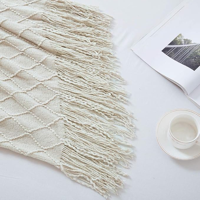 BOURINA Beige Throw Blanket 60x80 Inches Throw Textured Solid Soft Sofa Throw Couch Knitted Decorative Blanket