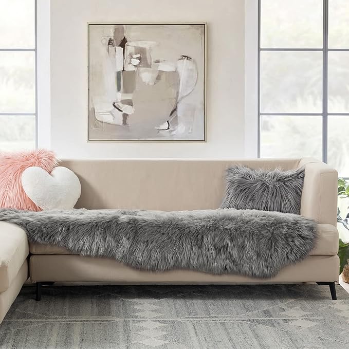 Ashler Faux Fur Rug, Fluffy Shaggy Area Rug, Ultra Soft 2 x 6 Feet Sheepskin Fur, Dark Grey Fuzzy Machine Washable Shag, Nursery Decor Throw for Bedroom, Kids Room, Living Room
