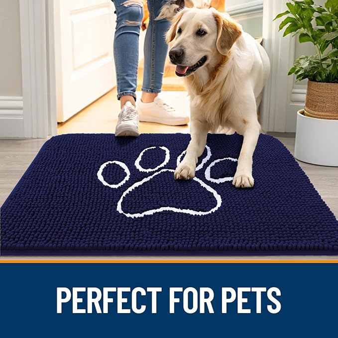 OLANLY Dog Door Mat for Muddy Paws 70x24, Paw Print Design, Absorbs Moisture and Dirt, Absorbent Non-Slip Washable Doormat, Quick Dry Chenille Mud Mat for Dogs, Entry Indoor Entryway Carpet, Navy Blue