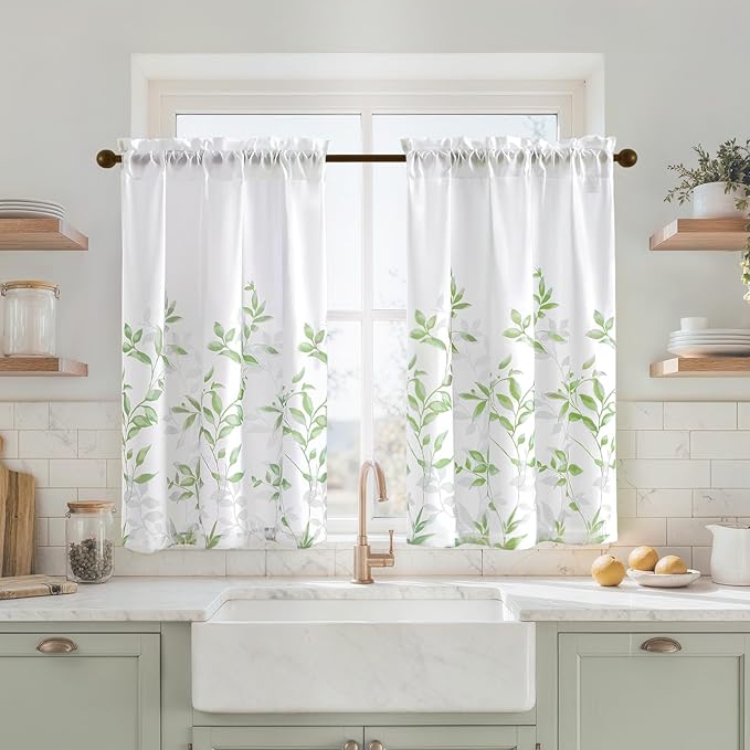HOMEIDEAS Kitchen Curtains, Short Non-See-Through Privacy 30X36 Inch Length Tier Curtains, Green and White Leaf Floral Print Light Filtering Semi Sheer Small Window Drapes for Bathroom Cafe, 2 Panels