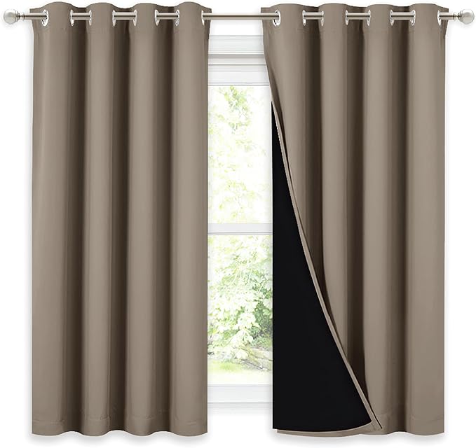NICETOWN 100% Blackout Curtains with Black Liners, Thermal Insulated Full Blackout 2-Layer Lined Drapes, Noise Cancellation Window Draperies for Dining Room (Taupe, 2 Panels, 52-inch W by 54-inch L)
