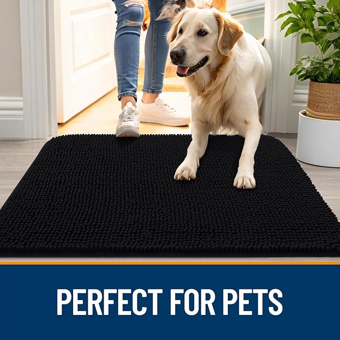 OLANLY Dog Door Mat for Muddy Paws 47x20, Absorbs Moisture and Dirt, Absorbent Non-Slip Washable Doormat, Quick Dry Chenille Mud Mat for Dogs, Entry Indoor Entryway Carpet for Inside Floor, Black