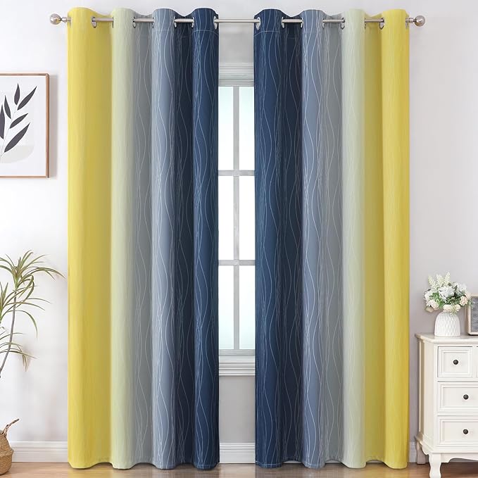 Estelar Textiler Navy Blue and Yellow Gradient Blackout Curtains for Bedroom, Thermal Insulated Ombre Blackout Drapes, Full Room Darkening Energy Saving Curtains for Living Room,52Wx84L,2 Panels