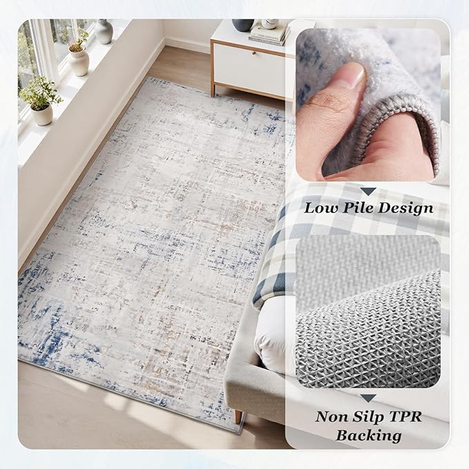 3 x 5 Rug Small Non Slip Area Rug Ultra Soft Machine Washable Low Pile Modern Abstract Area Rugs for Bedroom Living Room Entryway Kitchen Bedside, Blue/Grey