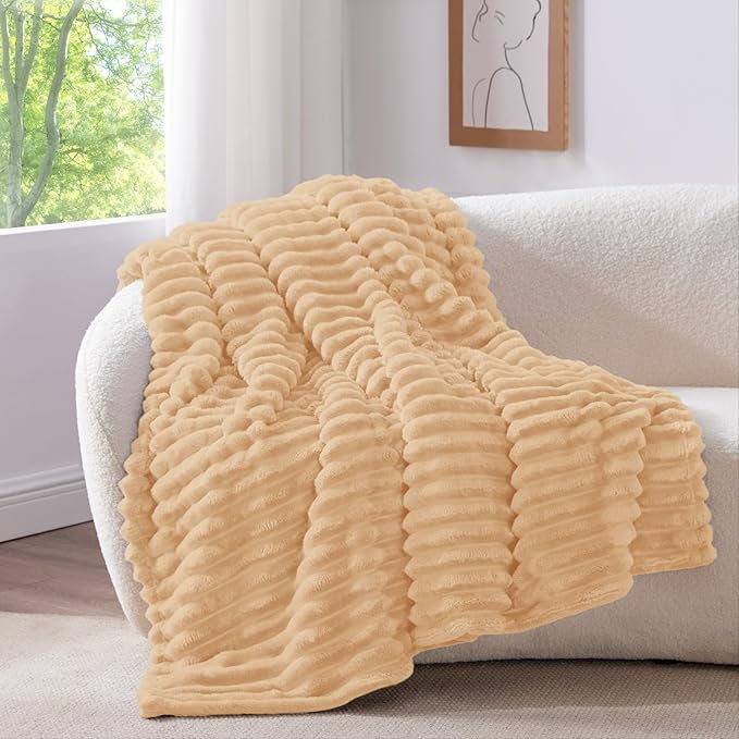 BEDELITE Twin Blanket for Couch & Bed, 300GSM Soft & Warm Fleece Blanket, Decorative and Giftable Striped Blush Sand Blankets for Women, Men, 60"x80"