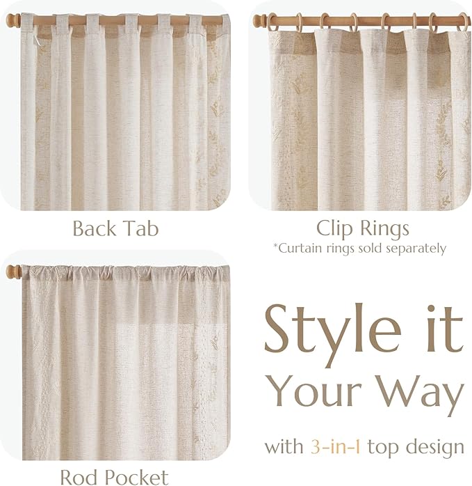 jinchan Belrose Linen Curtains for Bedroom Floral Curtains 90 Inch Length Linen Blend Ivory Embroidered Drapes Farmhouse Flower Patterned Drapes for Living Room Window Treatments Set 2 Panels