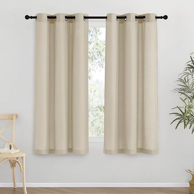 NICETOWN Thick Linen Blend Curtains Flax Textured for Bedroom, Rustic Grommet Semi Sheer Privacy Added Window Curtains & Drapes Light Filtering for Nursery, Angora, W42 x L63, Set of 2