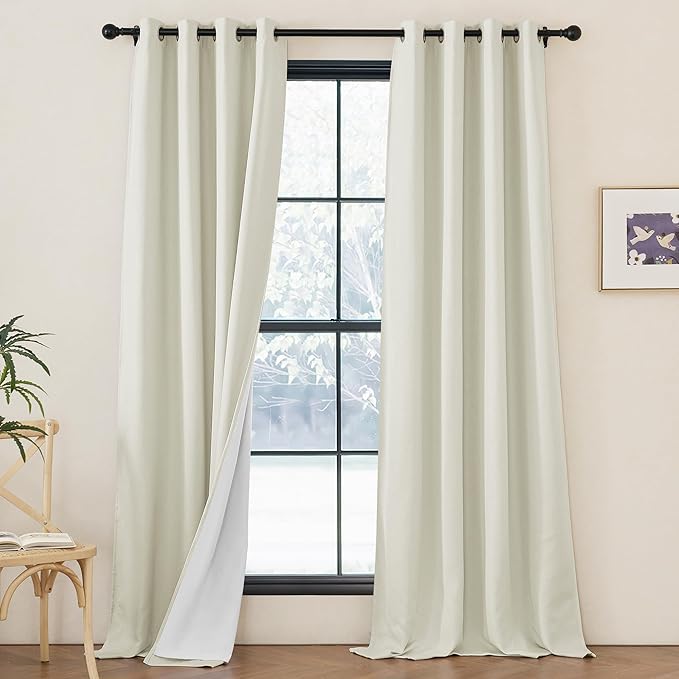 NICETOWN Faux Linen 100% Blackout 90 inch Curtains, Silver Grommet Thermal Insulated 2 Layers Window Treatments Sound Dampening for Living Room/Bedroom, Natural, W52 x L90, 2 Panels