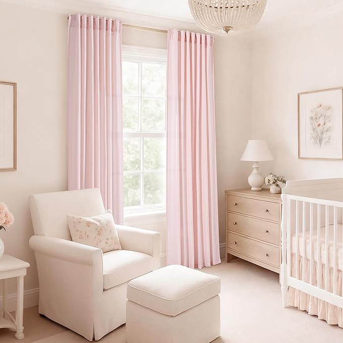 Blush Pink Semi Sheer Linen Curtains for Girls Bedroom Room 96 Inches Long Light Filtering Back Tab Curtain Living Room Farmhouse Linen Look Shiny Sheer Drapes Baby Pink 52ﾗ96 Inch