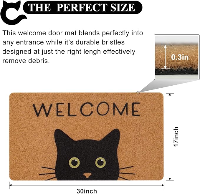 UINI Door Mat Cat Welcome Mat, Black Cat with Green Eyes Doormat, Non-Slip Cat Welcome Mats for Front Door, Outside Entrance, Resist Dirt, 17" x 30"
