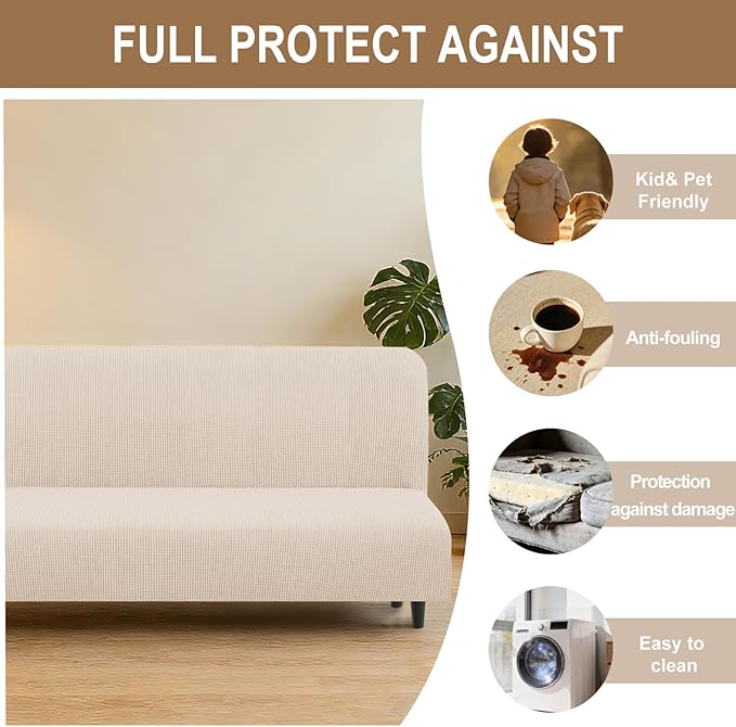 U-NICE HOME Stretch Futon Cover Armless Bed Slipcover - Soft Jacquard Fabric Washable for Pet Friendly, Beige