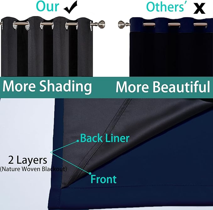 Yakamok 100% Blackout Curtains 96 Inches Long, 2 Thick Layers Heat and Full Light Blocking Soft Thermal Insulated Drapes for Bedroom(52" Wide Each Panel, Navy Blue, 1 Panel)