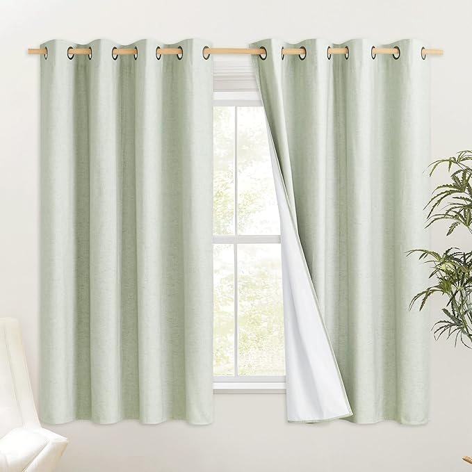 NICETOWN Sage Green 100% Blackout Short Curtains 68 inches Lenghth Burg for Kitchen, 2 Panels, Burlap Linen Drapes with Thermal Insulated White Liner, Keeping Out Cold Air and Heat Panels