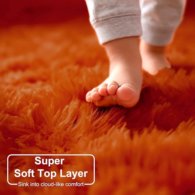 Amdrebio Burnt Orange Round Rugs 6Ft for Living Room Decor, Shaggy Plush Fuzzy Furry Circle Area Rugs for Bedroom Kids Room Aesthetic, Large Fluffy Shag Dark Orange Carpet for Nursery Dorm Classroom
