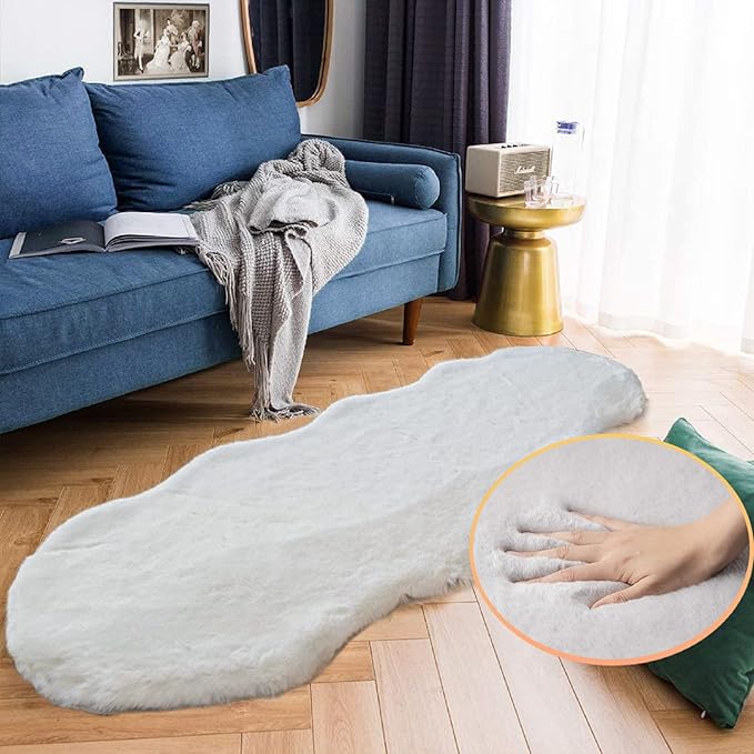 ORINOVA Faux Rabbit Fur Washable Rugs for Bedroom Light Grey Fluffy Rug for Living Room Non Slip Faux Fur Rug for Hallway 2x6 Shaped Rugs