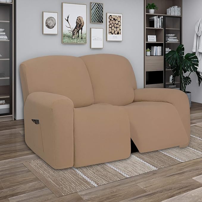 PureFit Super Stretch Loveseat Recliner Sofa Couch Cover with Pocket – 2 Seats Non Slip Soft Sofa Slipcover, Washable Reclining Furniture Protector for Kids, Pets (Recliner Loveseat, Camel)