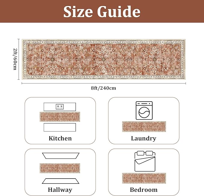 Yamaziot Washable Runner Rug 2x8 – Non Slip Boho Floral Hallway Runner Rug with Rubber Backing, Low Pile Wool Distressed Carpet for Kitchen, Laundry, Bedroom, Entrance, Brick-red