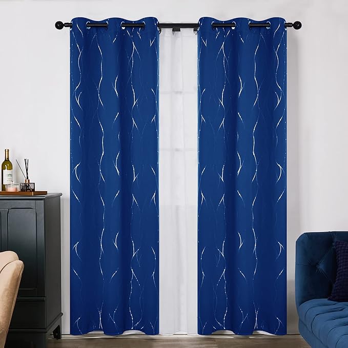 Deconovo Blackout Curtains, 38 x 84 Inch Drapes for Living Room with Wave Dots Silver Print, Soundproof Thermal Insulated Window Curtain for Bedroom Nursery, Set of 2, Machine Washable, Royal Blue