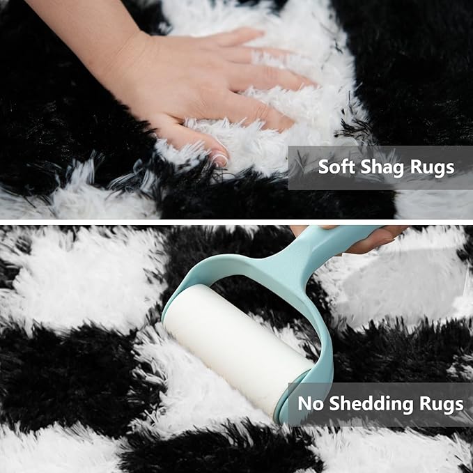 Checkered Area Rugs for Bedroom Living Room,8x10 Black and White Fluffy Soft Checkered Rug Fuzzy Shag Shaggy Carpet, Indoor Plush Floor Rugs for Kids Boys Girls Teen Dorm Nursery Home Decor