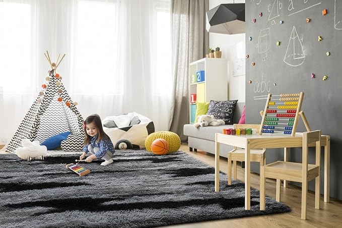 TWINNIS Super Soft Shaggy Rugs Fluffy Carpets, 4x5.9 Feet, Indoor Modern Plush Area Rugs for Living Room Bedroom Kids Room Nursery Home Decor, Upgrade Anti-Skid Rectangular Fuzzy Rug, Black Gray