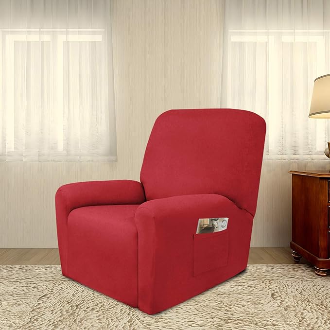 PureFit Super Stretch Chair Sofa Slipcover with Pocket – Spandex Non Slip Soft Couch Sofa Cover, Washable Furniture Protector with Elastic Bottom for Kids, Pets （Recliner, Red）