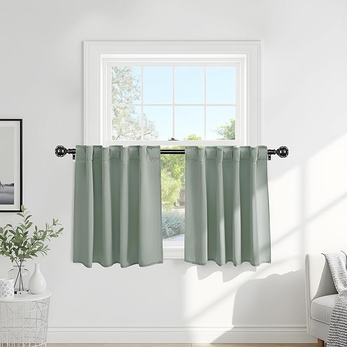 Pony Dance Short Gray Blackout Curtains - Small Window Drapes Thermal Insulated Light Blocking Drapes Back Tab/Rod Pocket Short Curtain Panels for Bedroom & Kitchen, 42 W x 30 L, Sage Green, 1 Pair