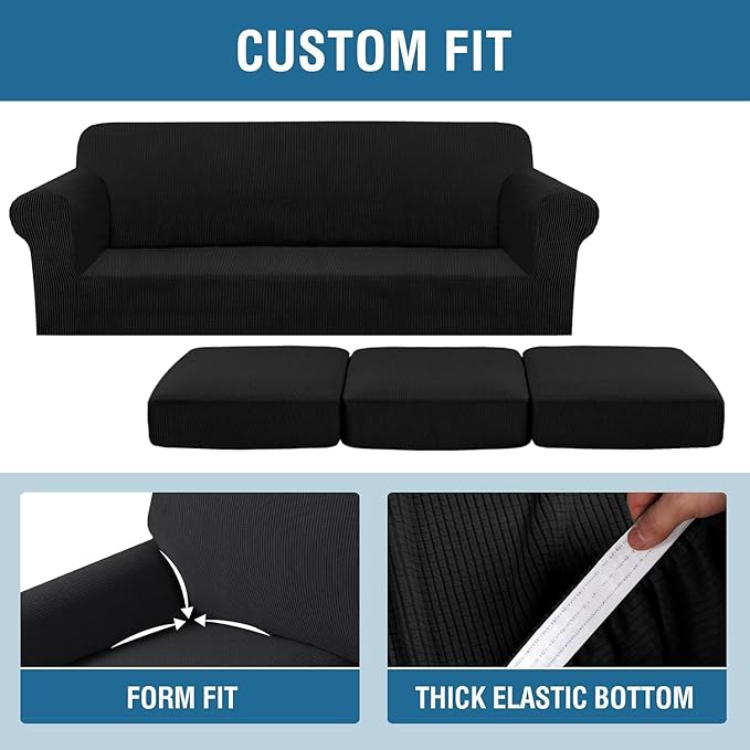 H.VERSAILTEX 4 Piece Stretch Sofa Covers for 3 Cushion Couch Covers for Living Room Furniture Slipcovers (Base Cover Plus 3 Seat Cushion Covers) Thicker Jacquard Fabric (Large Sofa, Black)