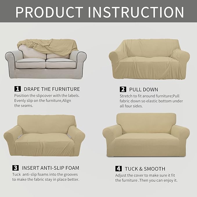 Easy-Going Stretch Oversized Sofa Slipcover 1-Piece Sofa Cover Furniture Protector Couch Soft with Elastic Bottom for Kids, Polyester Spandex Jacquard Fabric Small Checks Beige