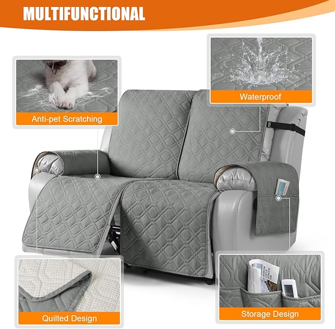 VANSOFY Waterproof Recliner Couch Covers, Sofa Covers 1-Piece Washable Reclining Sofa Cover Non-Slip Furniture Protector with Elastic Straps Pocket for Dogs, Pets(Gray,2 Seater)