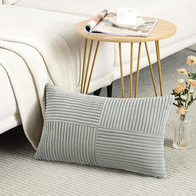 Fancy Homi 2 Packs Grey Lumbar Decorative Throw Pillow Covers 14x24 Inch for Living Room Couch Bed Sofa, Rustic Farmhouse Boho Home Decor, Soft Striped Corduroy Rectangle Accent Cushion Case 35x60 cm