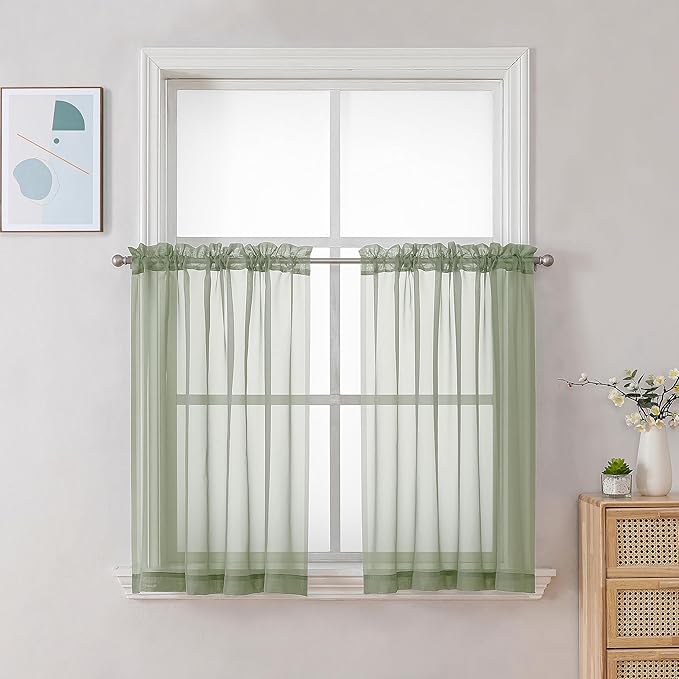 Chyhomenyc Sage Green Sheer Curtains 30 inch Length 2 Panels, Light Filtering Voile Rod Pocket Short Window Curtians for Bathroom Living Room Farmhouse Small Windows, 42Wx30L inches