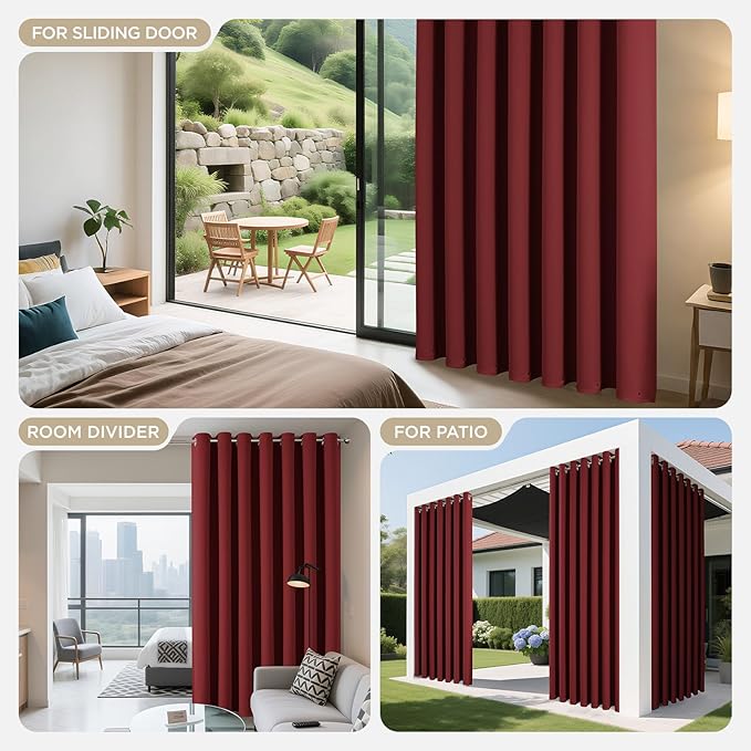 Joydeco Blackout Patio Sliding Door Curtains 84 Inches Long, Grommet Privacy Room Divider Curtains, Extra Wide Thermal Blackout Drapes for Bedroom Living Room (Burgundy Red, 100Wx84L, 1 Panel)