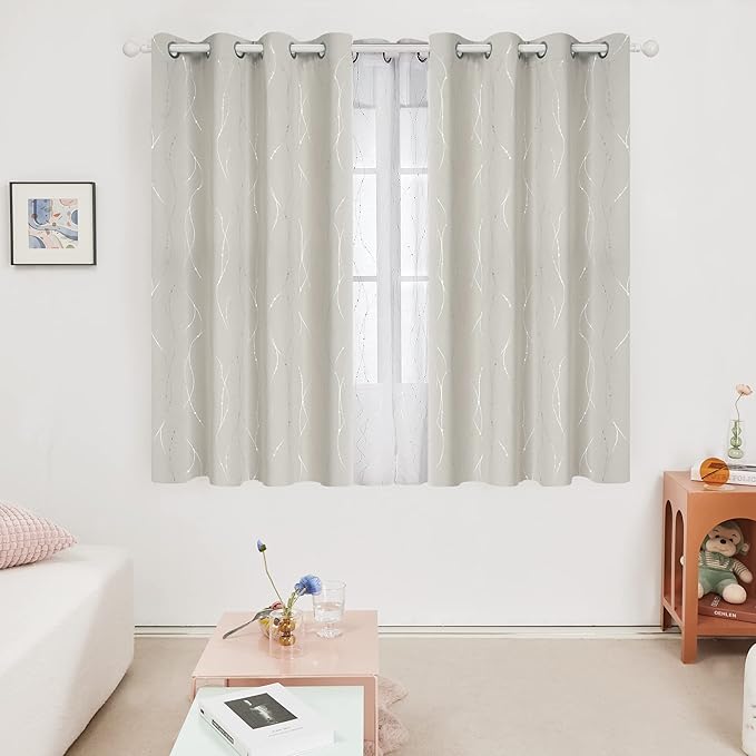 Deconovo Beige Blackout Curtains, Room Darkening Curtain, Thermal Insulated Soundproof Drapes, Silver Wave Dots Print, 52 x 45 Inch, Machine Washable Window Panels for Living Room Bedroom, Set of 2