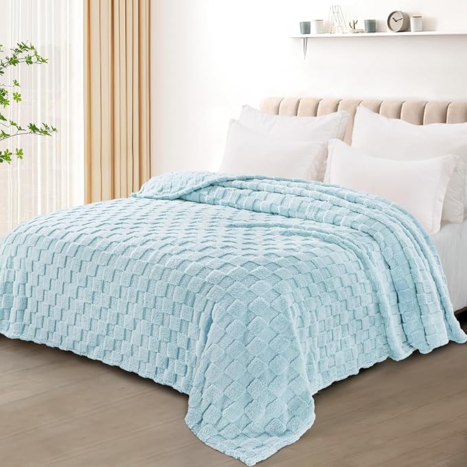 Exclusivo Mezcla Twin Size Flannel Fleece Blanket, Super Soft and Warm Lightweight Checkered Pattern Blankets for All Seasons, 60x80 Inches, Light Blue