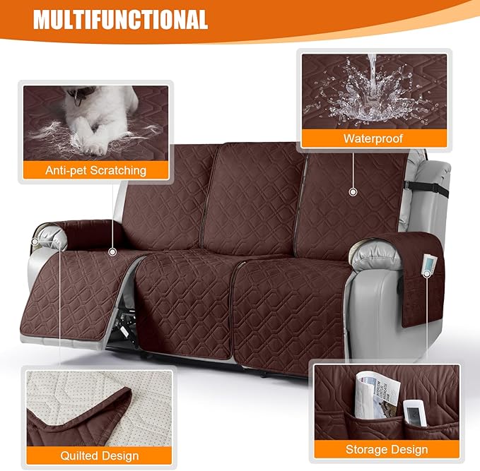 VANSOFY Waterproof Recliner Couch Covers, Sofa Covers 1-Piece Washable Reclining Sofa Cover Non-Slip Furniture Protector with Elastic Straps Pocket for Dogs, Pets(Coffee,3 Seater)
